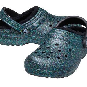CROCS CLASSIC GLITTER LINED SHOE FUZZY Black Starry Skies Glitter size 6